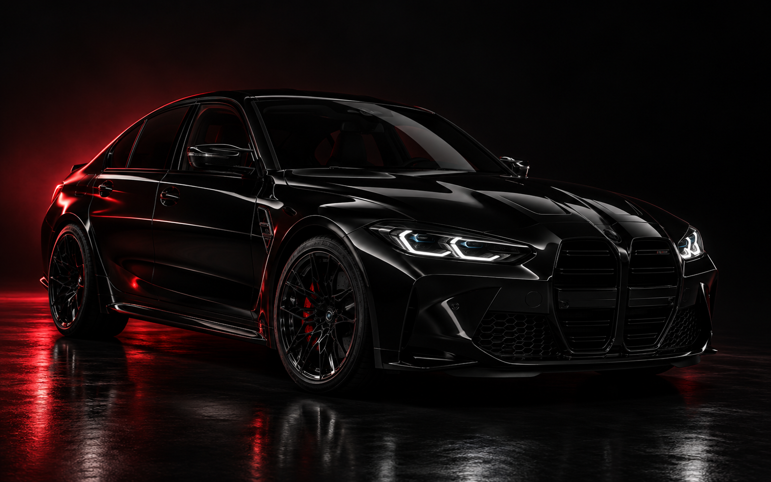 Gloss black performance coupe in a dark studio